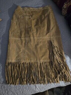 Vintage Via Accenti 100% Leather Fringed Suede Pencil Skirt - Size H2 Or Large